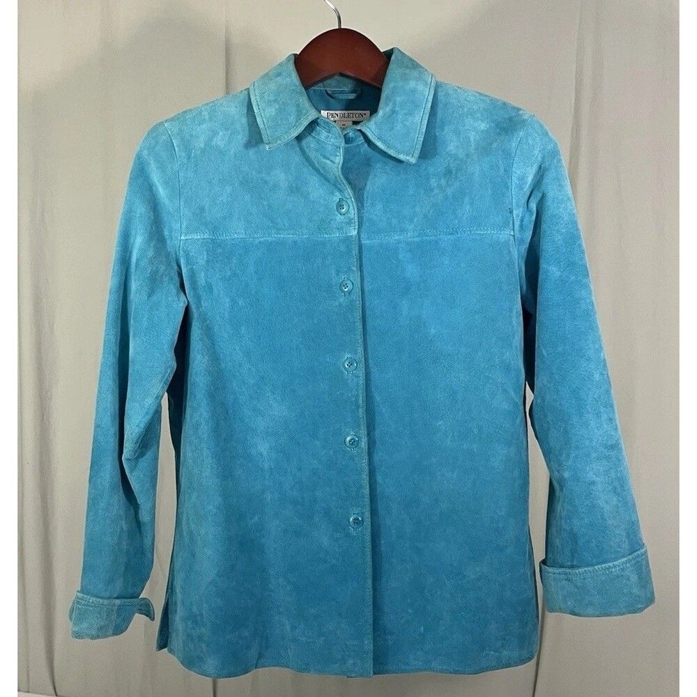 PENDLETON Womens Size Medium 100% Leather Suede Teal Shirt Jacket Button Front